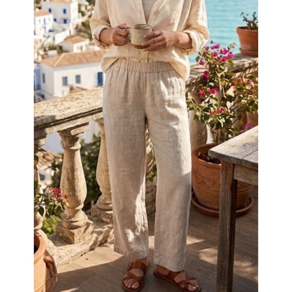Cynthia Rowley Oatmeal Beige 100% Linen Wide Leg Cropped Pants Womens Medium